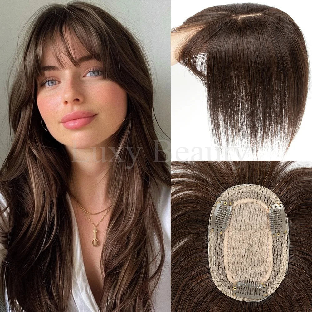 Brown Human Hair Topper with Bangs for Women - 8cmX12cm with Black Highlights for Blonde Skin, Clip-in Hair Piece