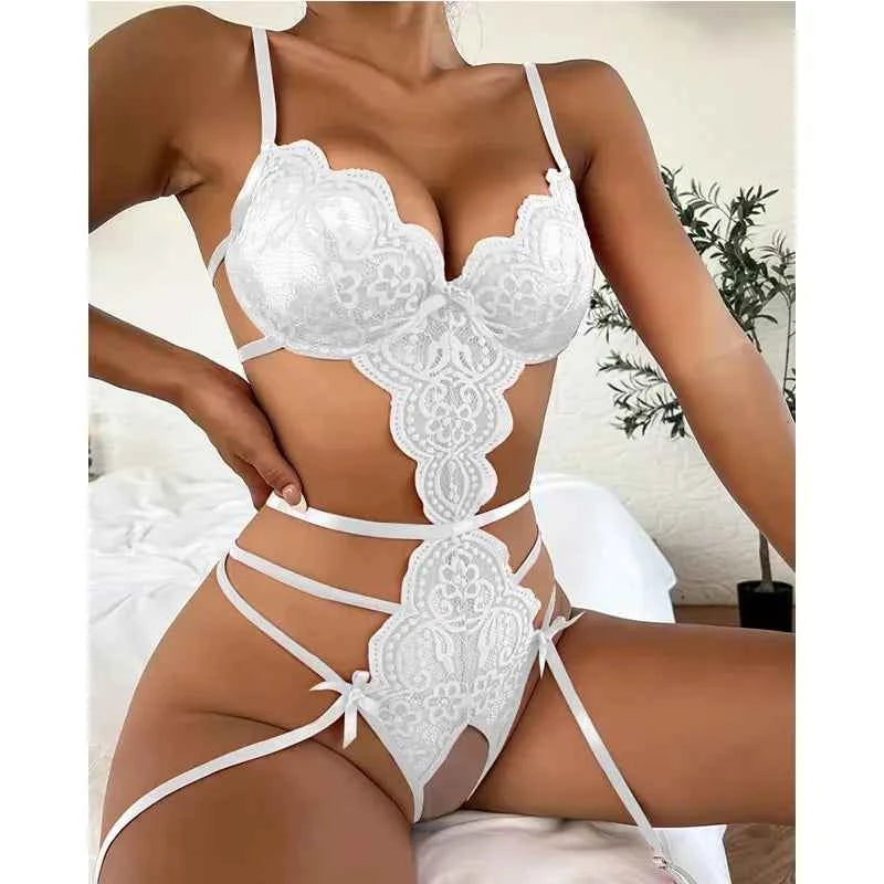 Hot Erotic Sexy Lingerie Set Women Push Up Bra Garter Set Lace Backless Straps Transparent Underwear Sets Plus Size Lenceria