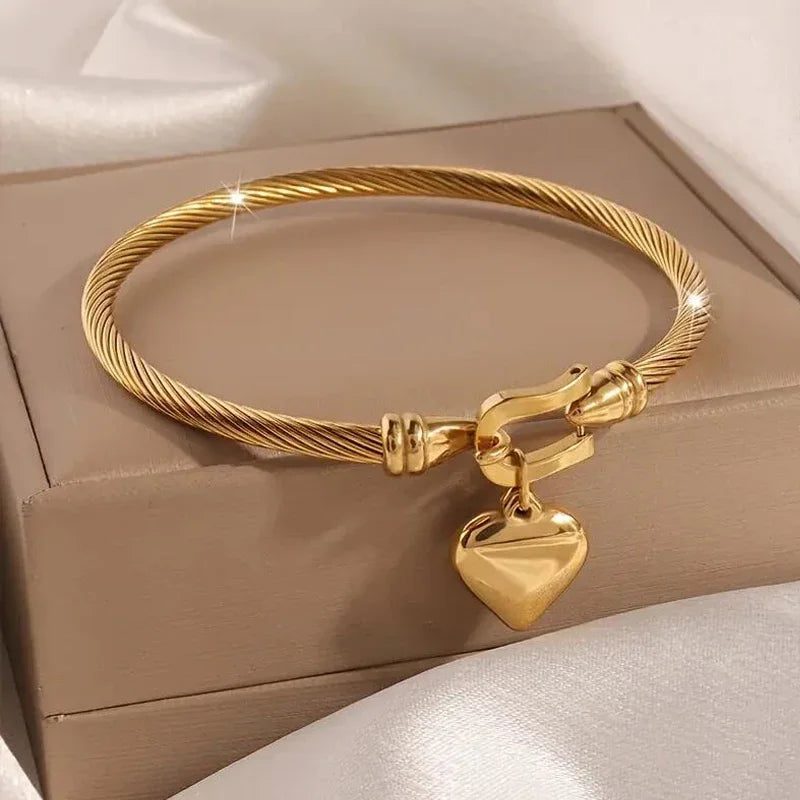 18k Gold Stainless Steel Heart Bangle Bracelet Charm for Men and Women