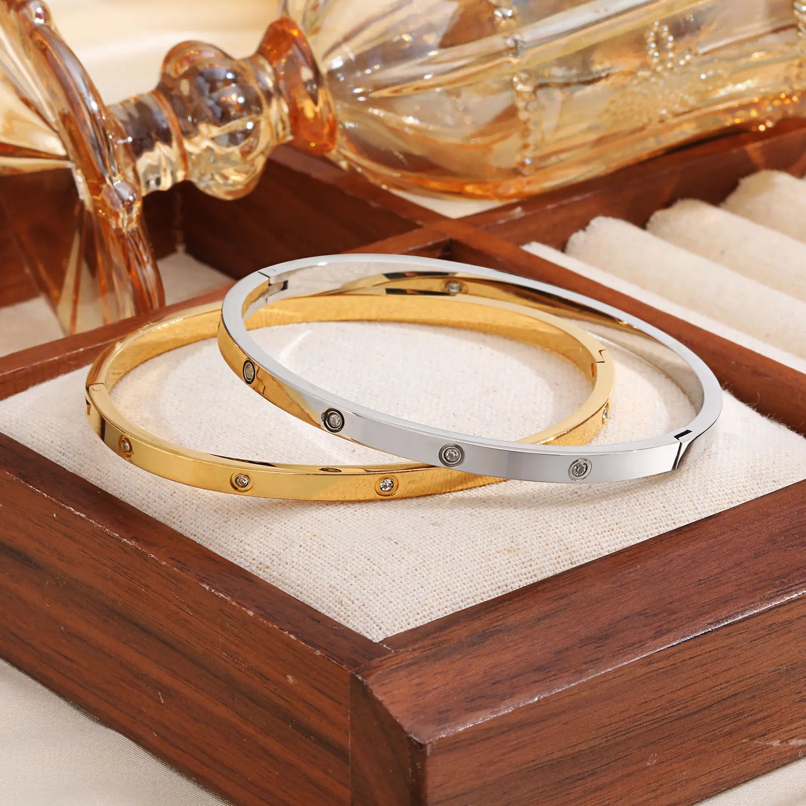 Cubic Zirconia Gold Stainless Steel Bangle – Premium Waterproof Accessory