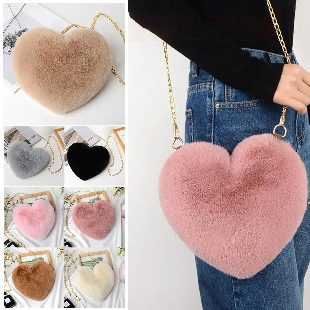 Fashion Women's Heart Shaped Handbags Cute Faux Fur Chain Shoulder Totes Crossbody Plush Bag
