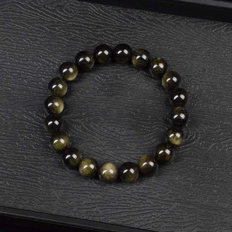 Natural Golden Obsidian Bracelet for Men and Women - Raw Stone Round Bead Energy Jewelry