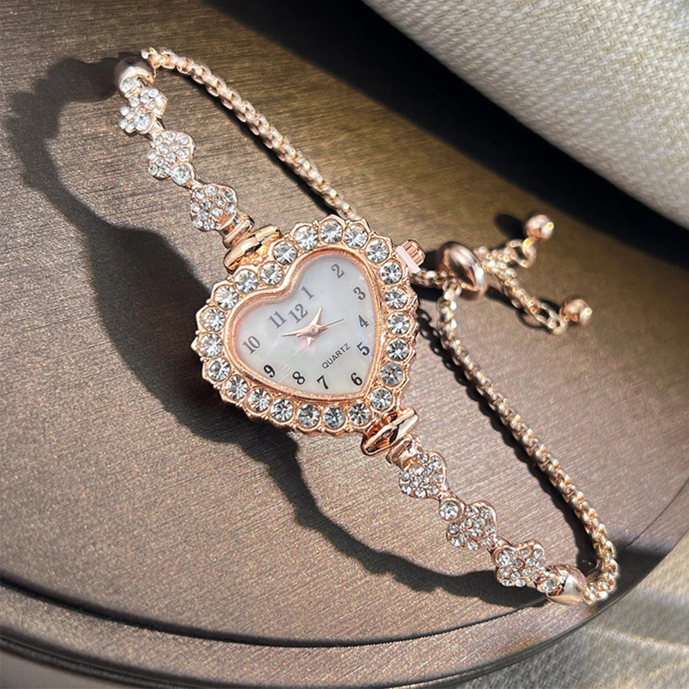 Heart Ribbon Strap Flower Watch – Adjustable and Diamond-Studded Elegance