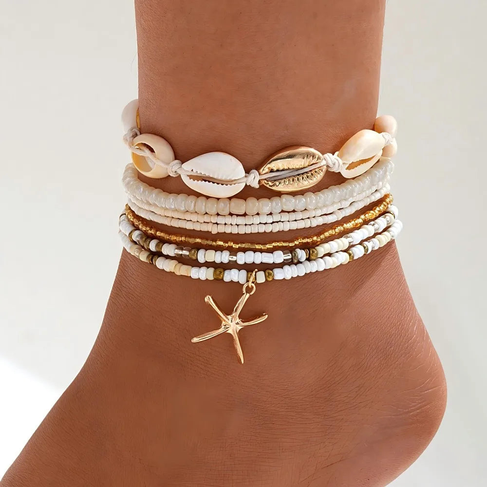 7pc Bohemian Anklet Set with Rice Beads and Starfish Pendant - Fashion Summer Beach Sea Shell Multilayer Ankle Bracelet Jewelry