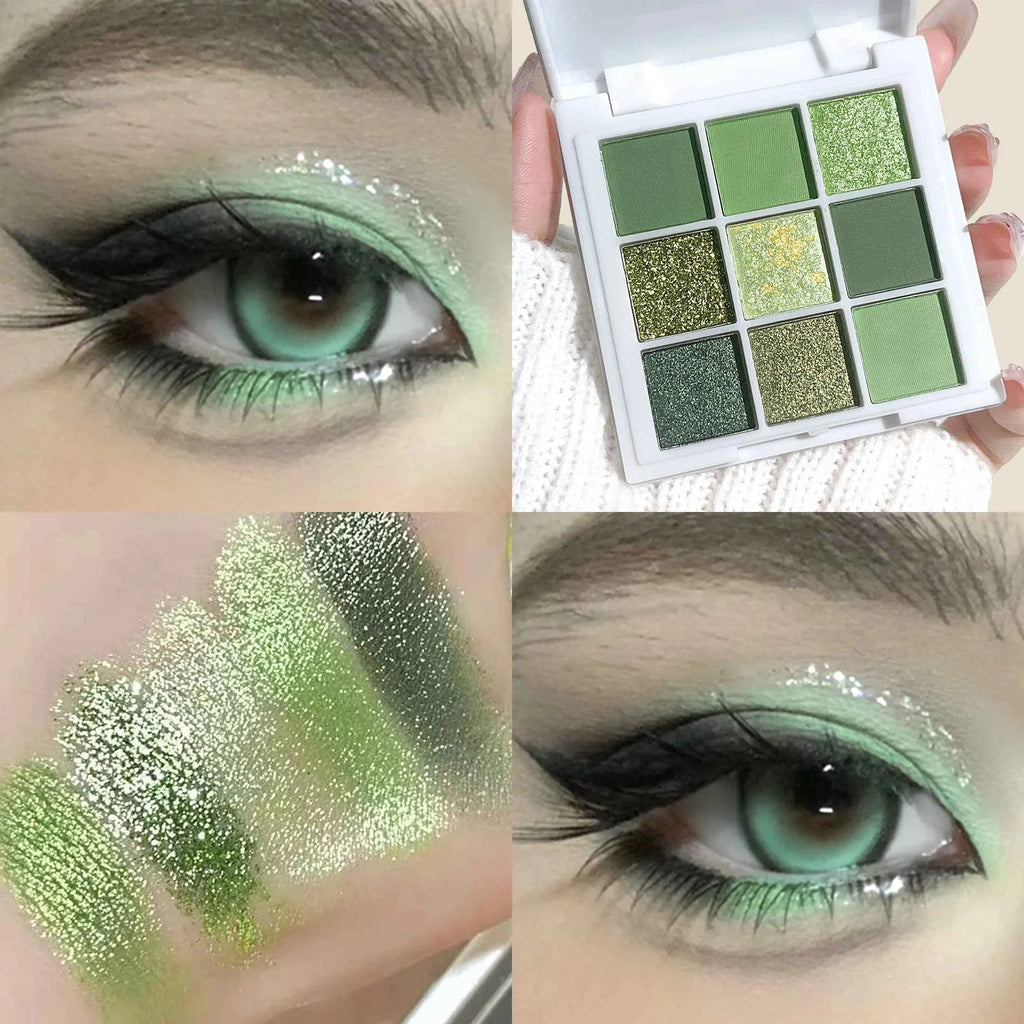 9-18 Color Green Gold Eyeshadow Palette - Matte & Glitter Effects, Waterproof Long-Lasting Eye Makeup