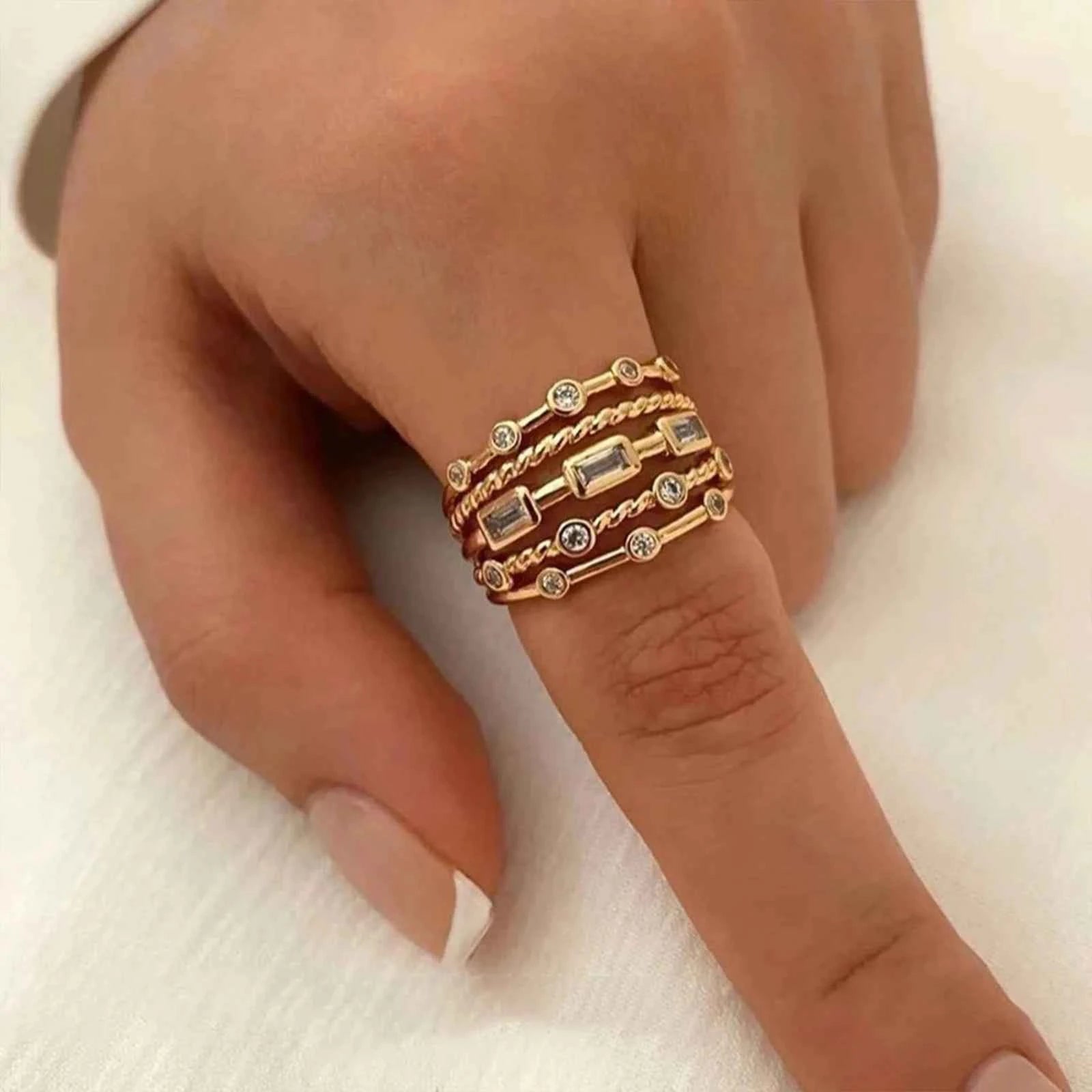 18K Gold Plated Sun Rings for Women with Natural Stone Inlaid in Hollow Metal Texture - Trendy Jewelry