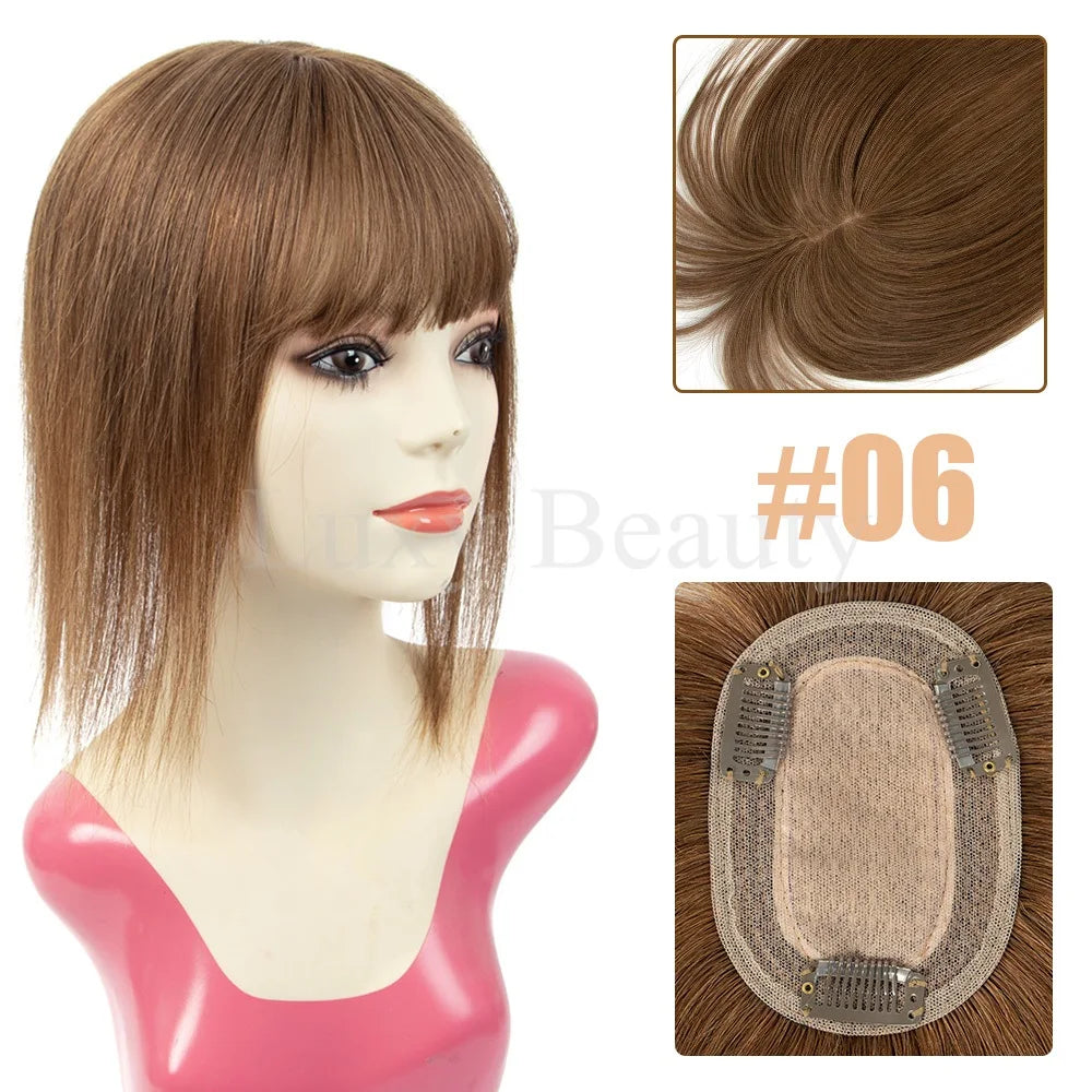 Brown Human Hair Topper with Bangs for Women - 8cmX12cm with Black Highlights for Blonde Skin, Clip-in Hair Piece