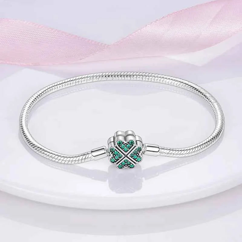 Silver 925 Moon Star Bracelet with Green Zircon - Adjustable 17-20CM Four Leaf Clover Charm Jewelry Gift
