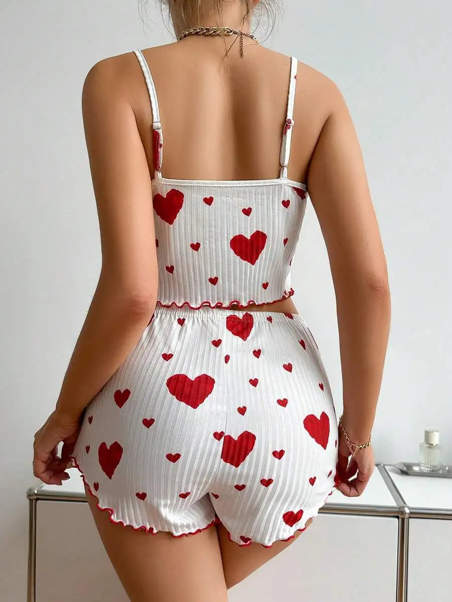 Women's Heart Print Pajama Set - Sleeveless Crop Top and Shorts for Comfy Summer Nightwear