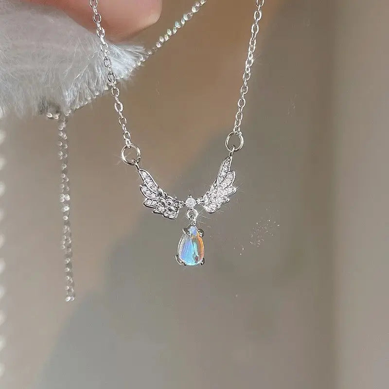 Light Luxury Moonstone Angel Wings Necklace for Ladies - Exquisite Collarbone Jewelry for Weddings