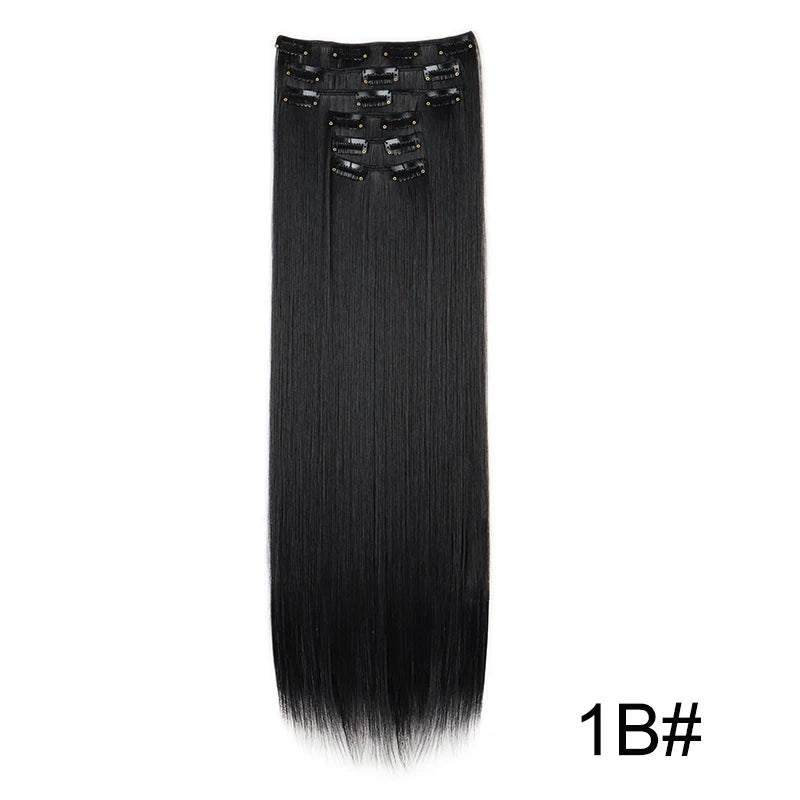 Synthetic Hair Extensions 24 Inch - 16 Clips Long Straight Hairstyle Blonde Black Heat Resistant Hairpieces for Daily Use