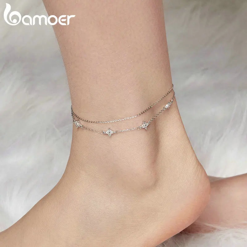 BAMOER 925 Sterling Silver Anklet Solid Sparkling O Chain Ankle Bracelet for Women Minimalist Summer Jewelry SCT027