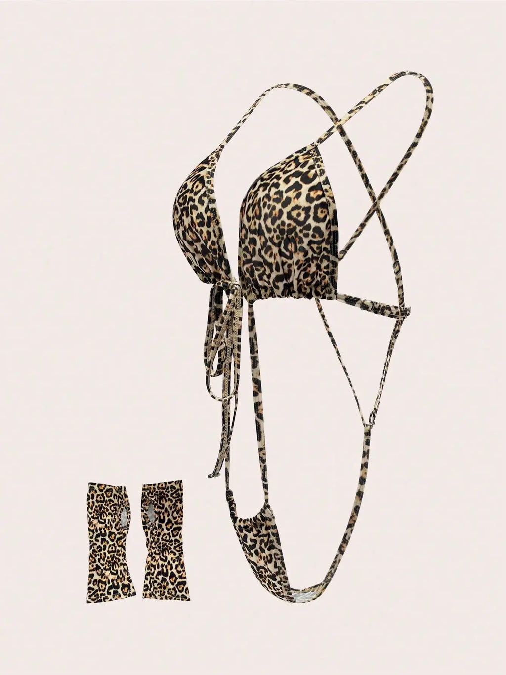 Two Pieces Leopard Print Sexy Lingerie Set with Gloves and Straps Cross Bodysuit