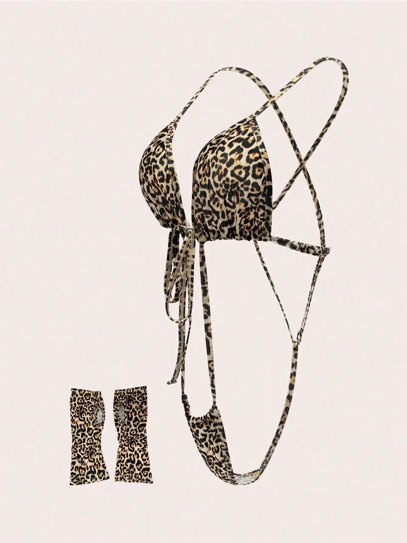 Two Pieces Leopard Print Sexy Lingerie Set with Gloves and Straps Cross Bodysuit