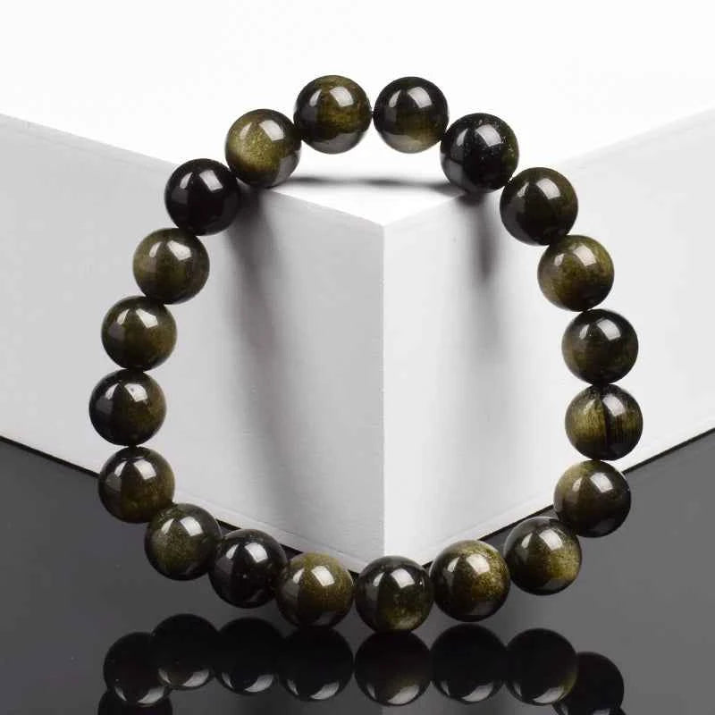 Natural Golden Obsidian Bracelet for Men and Women - Raw Stone Round Bead Energy Jewelry