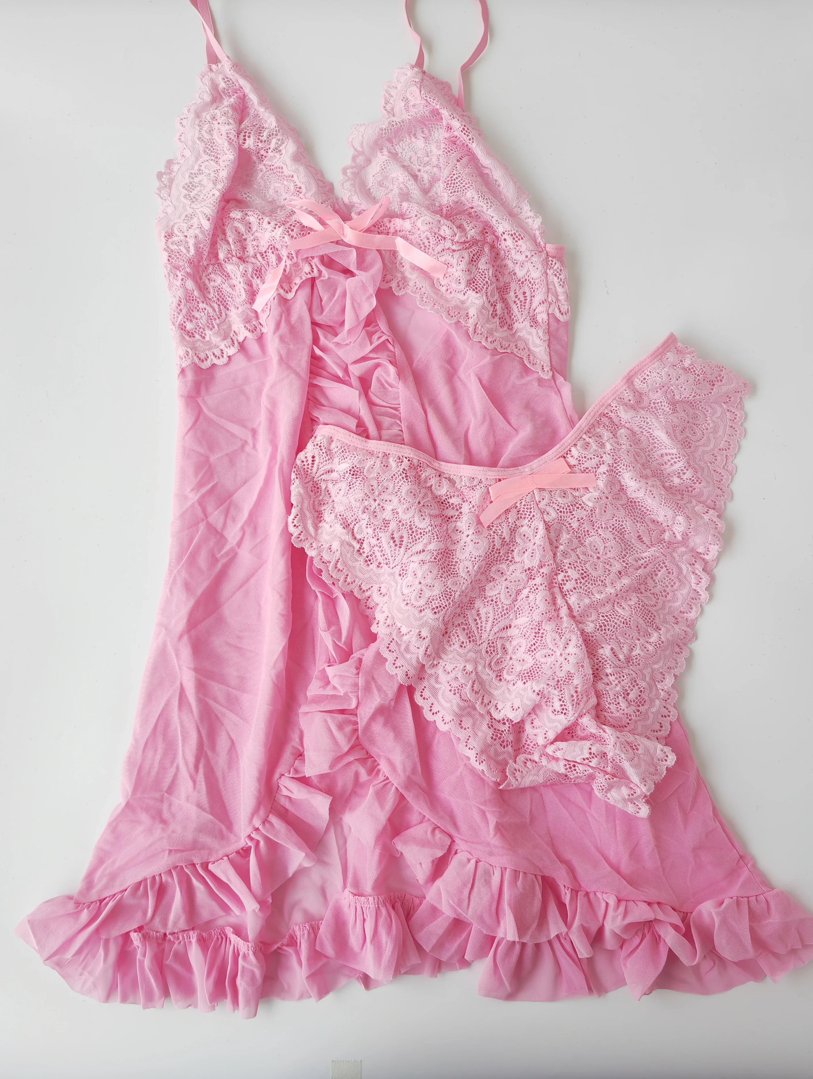 Toucheart Contrast Lace Nightgown Deep V Backless Bow Slip Dress - Sexy See-Through Slit Lace Pajama 2-Piece Set with Thong