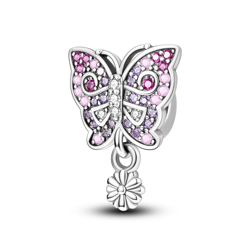 100% 925 Sterling Silver Butterfly Charm with Rainbow Zircon Colorful Dragon Shaped Silicone Stopper for DIY Bracelets Jewelry
