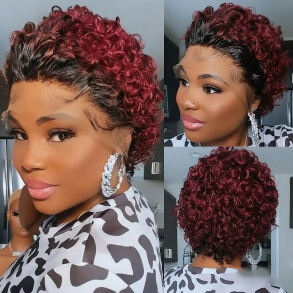 Ombre Burgundy Lace Front Wig - 13x4 Short Curly Pixie Cut Glueless Pre Plucked Human Hair Wig for Black Women