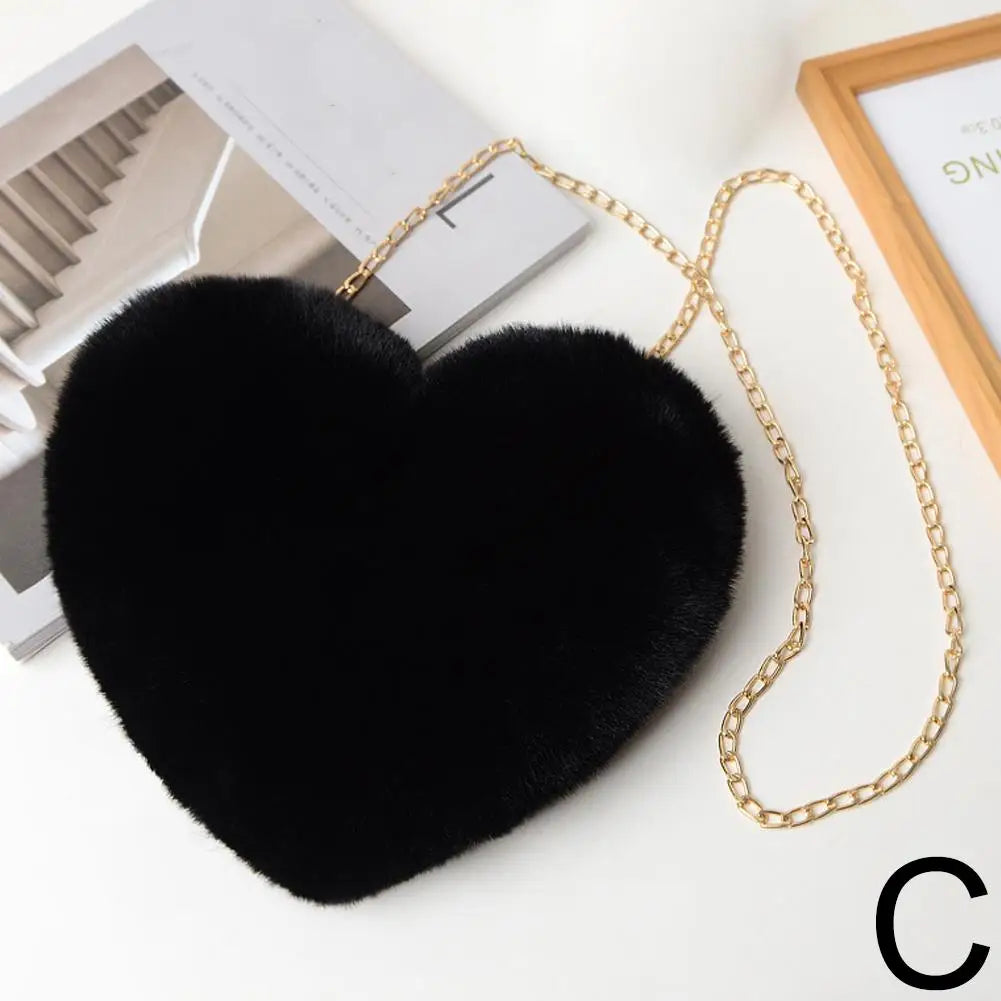 Fashion Women's Heart Shaped Handbags Cute Faux Fur Chain Shoulder Totes Crossbody Plush Bag