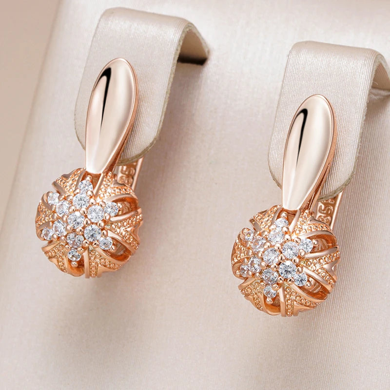 Kinel Hot Crystal Flower Earrings for Women in Luxury 585 Rose Gold Color with Natural Zircon Vintage Fine Jewelry
