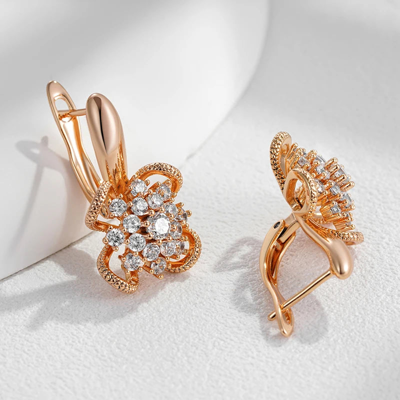Kinel Rose Gold Flower Earrings with Natural Zircon Hollow Design for Women - Unique Crystal Wedding Jewelry Gift