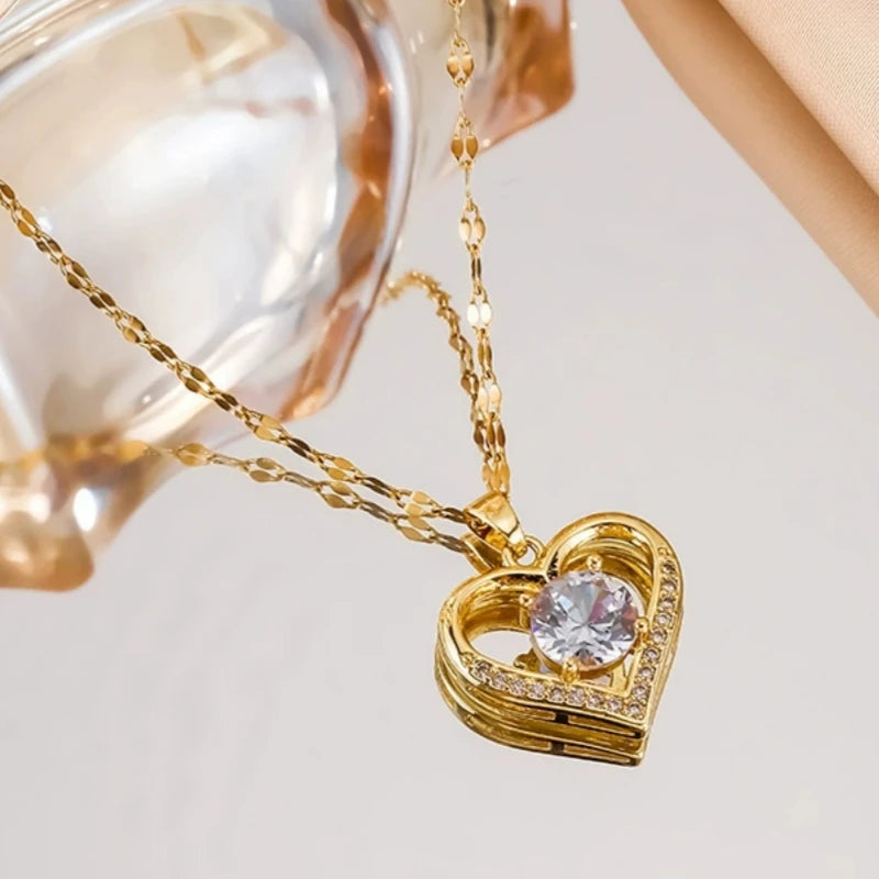 Htpwe Artificial Gems Heart Pendant Necklace - Golden Stainless Steel Lips Neck Chain for Women and Girls