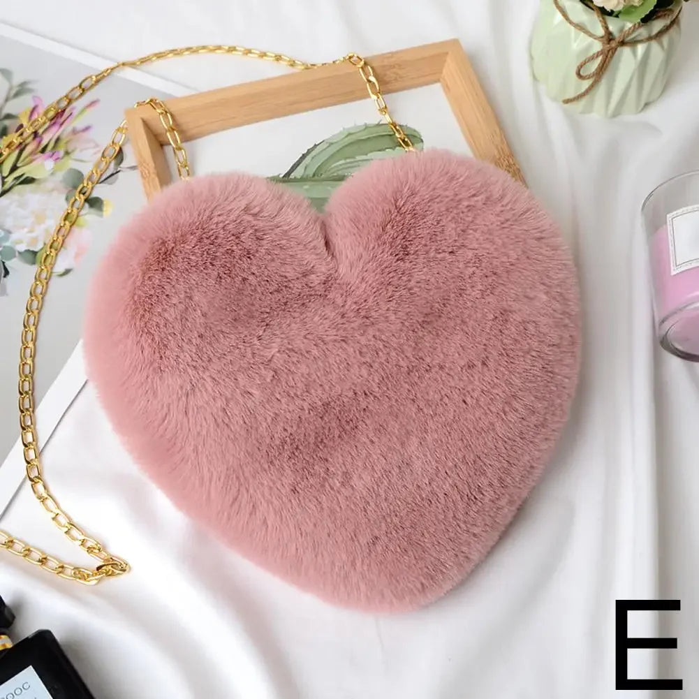 Fashion Women's Heart Shaped Handbags Cute Faux Fur Chain Shoulder Totes Crossbody Plush Bag