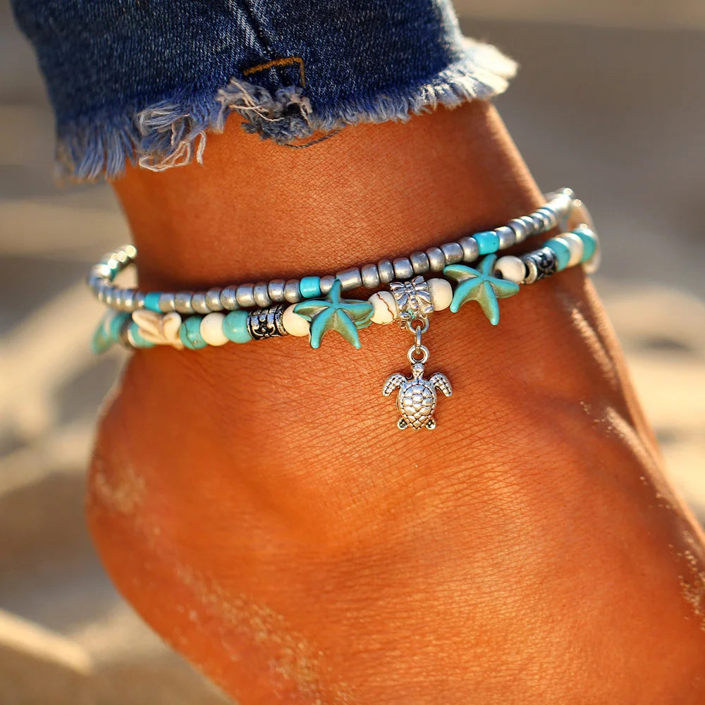 Bohemian Shell Anklets for Women - Tortoise Starfish Summer Beach Ankle Bracelet