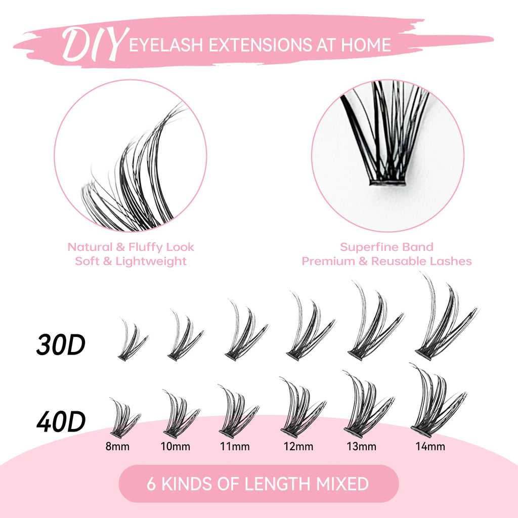 Lash Clusters Extensions Kit with Fake Eyelashes, Lash Bond Seal, and Applicator Tool