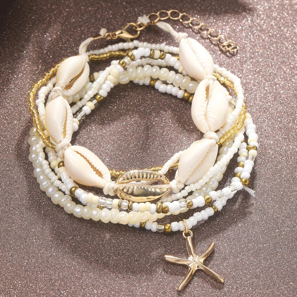 7pc Bohemian Anklet Set with Rice Beads and Starfish Pendant - Fashion Summer Beach Sea Shell Multilayer Ankle Bracelet Jewelry