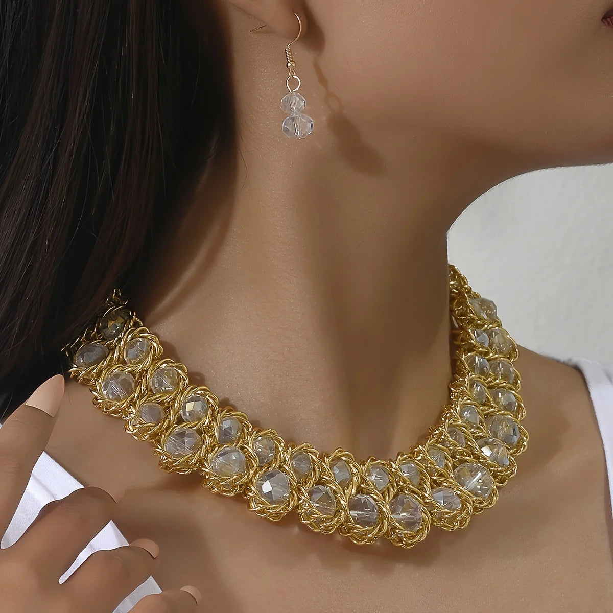 Boho Jewelry Set with Rhinestones: 1 Pair of Earrings + 1 Collar for Daily Party Accessories