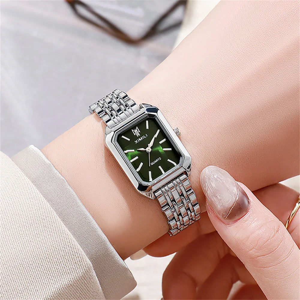 Luxury Ladies Quartz Watch - Simple Scale Square Gold Plated Business Stainless Steel Folding Clock