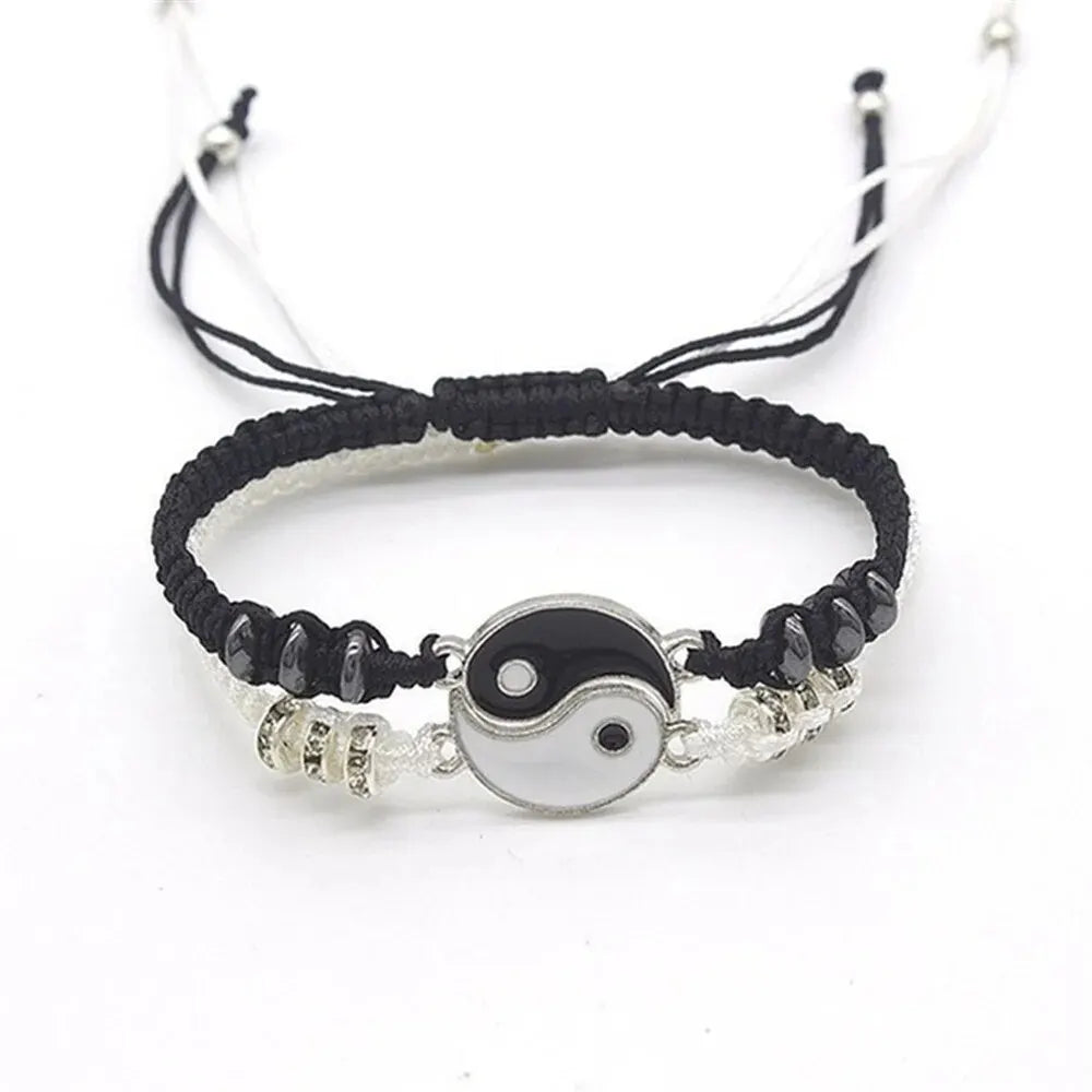 2 PC Couple Tai Chi Bracelet Set Black White Adjustable Rope Chain Daily Wear Jewelry