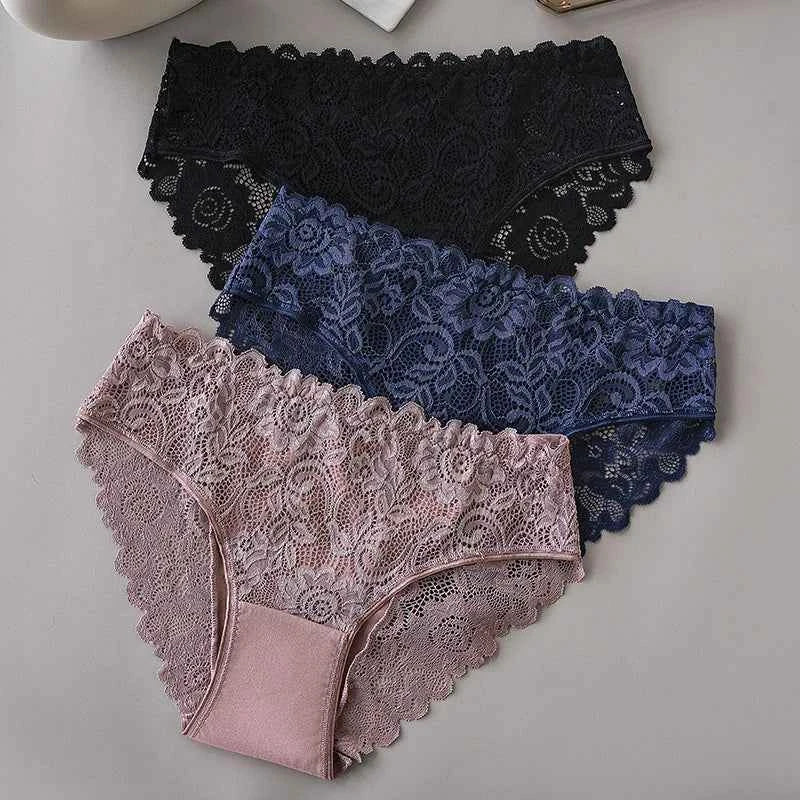 3PCS Set Luxury Floral Lace Panties Women Briefs Sexy Hollow Lingerie Breathable Underwear
