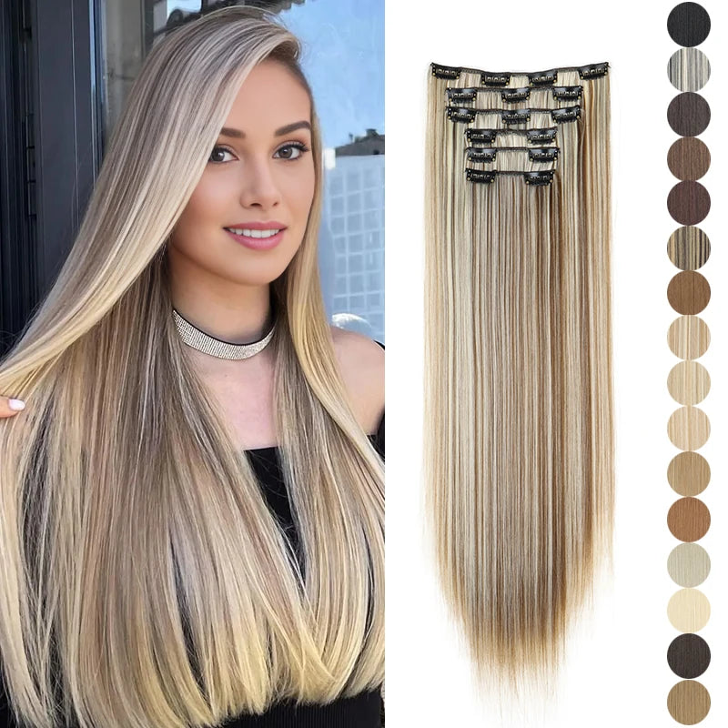 Synthetic Hair Extensions 24 Inch - 16 Clips Long Straight Hairstyle Blonde Black Heat Resistant Hairpieces for Daily Use