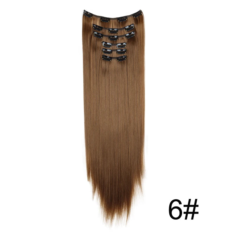 Synthetic Hair Extensions 24 Inch - 16 Clips Long Straight Hairstyle Blonde Black Heat Resistant Hairpieces for Daily Use