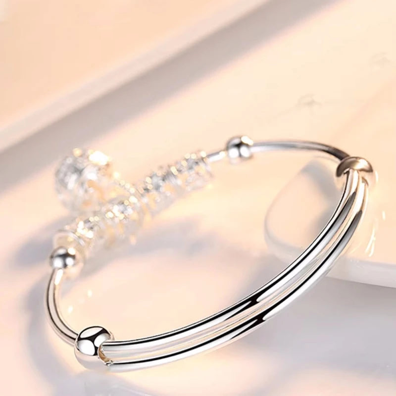 Fine 925 Sterling Silver Bangles Adjustable Hollow Bells Ball Bracelets for Women Fashion Holiday Gifts Party Wedding Jewelry