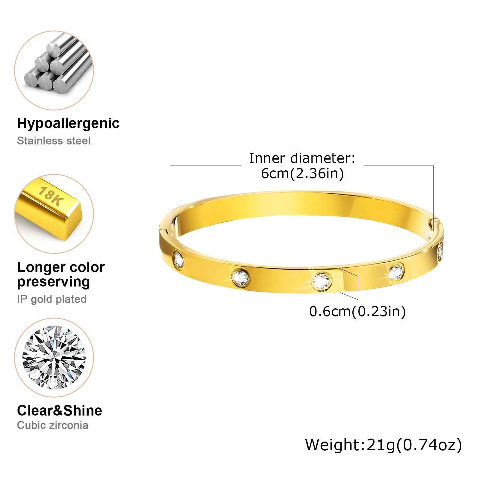 Cubic Zirconia Gold Stainless Steel Bangle – Premium Waterproof Accessory