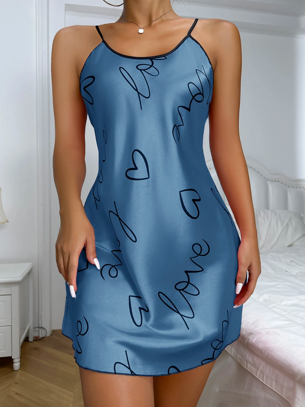 Heart Print Nightdress Casual Round Neck Spaghetti Strap Sleep Dress for Women - Allurra Store
