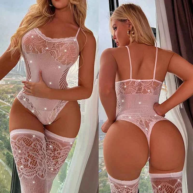 Sexy Lingerie with Rhinestones - Rhinestone Lace Suspenders and Hollow Out Bikini Net Clothing (No Stockings)