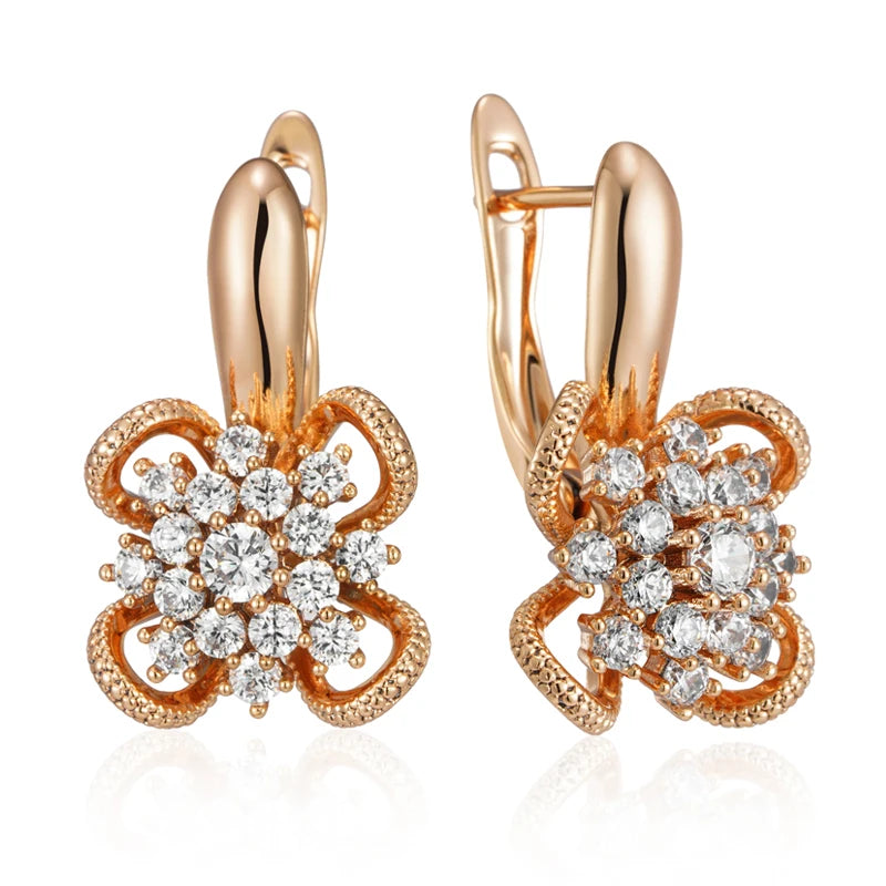 Kinel Rose Gold Flower Earrings with Natural Zircon Hollow Design for Women - Unique Crystal Wedding Jewelry Gift