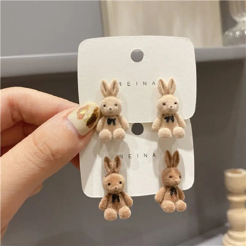 2PC Cute Plush Rabbit Bear Earrings - Kawaii Brown Khaki Animal Jewelry for Women and Girls - Allurra Store