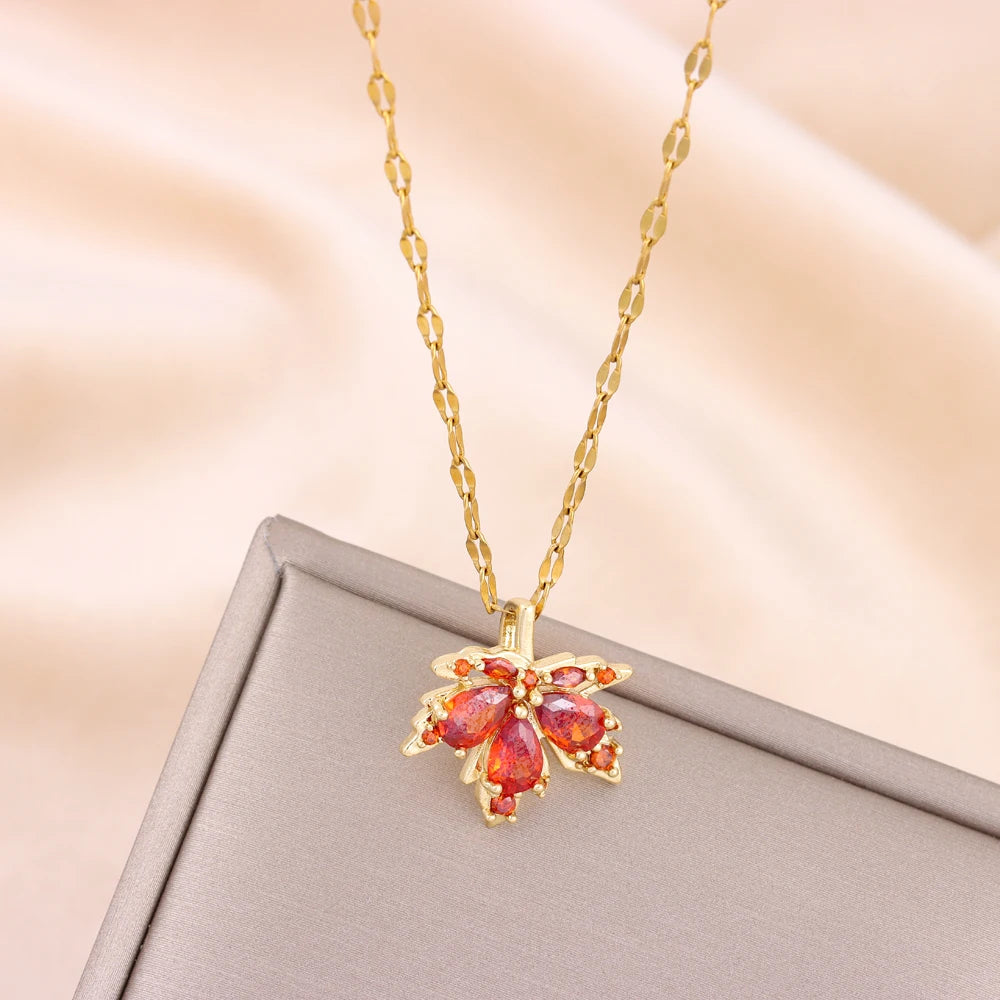 New Fashion Red Maple Leaf Pendant Necklace for Women - Cute Romantic Stainless Steel Jewelry