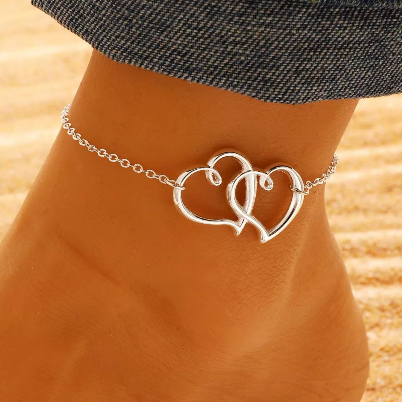 Bohemia Layered Beaded Anklet for Women with Hollow Double Heart Charm - Summer Beach Vacation Foot Jewelry Gift