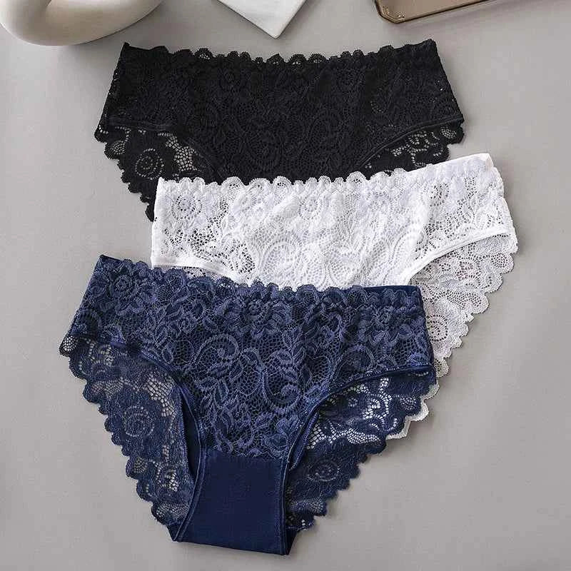 3PCS Set Luxury Floral Lace Panties Women Briefs Sexy Hollow Lingerie Breathable Underwear