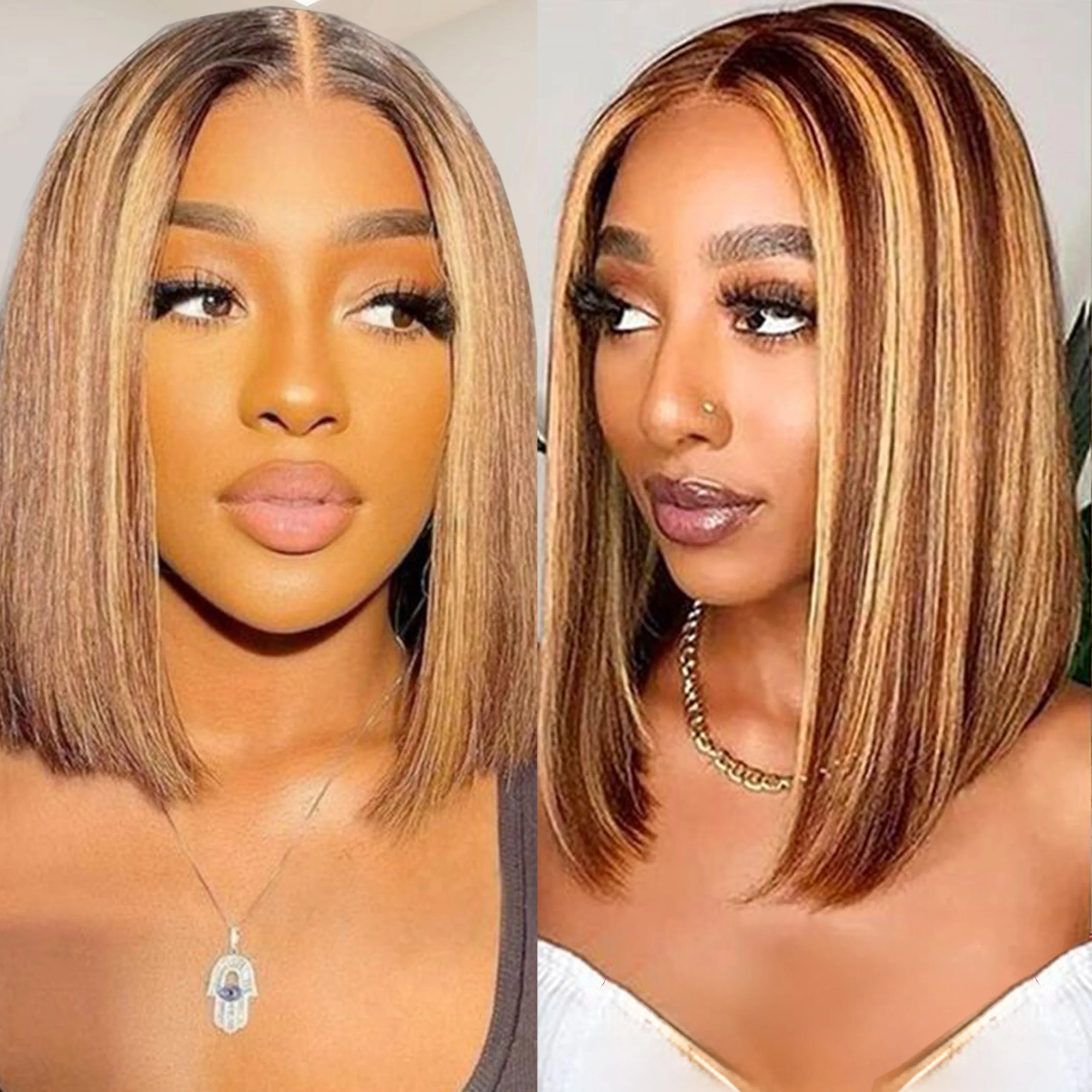 100% Human Hair Bob Wigs 4/27 - 13x4 Lace Frontal Wig Ready Wear, 220 Density for Black Women Gold Color