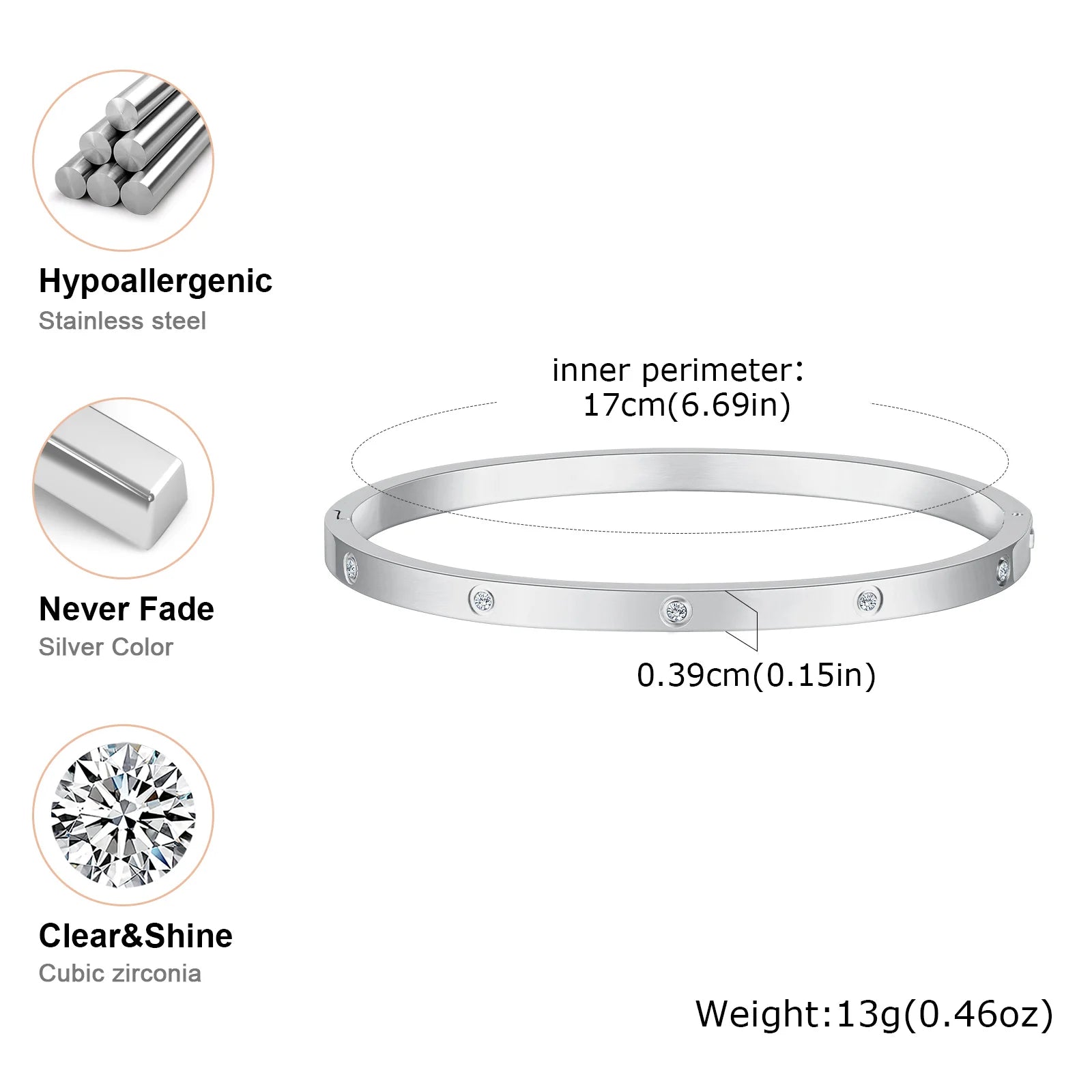 Cubic Zirconia Gold Stainless Steel Bangle – Premium Waterproof Accessory