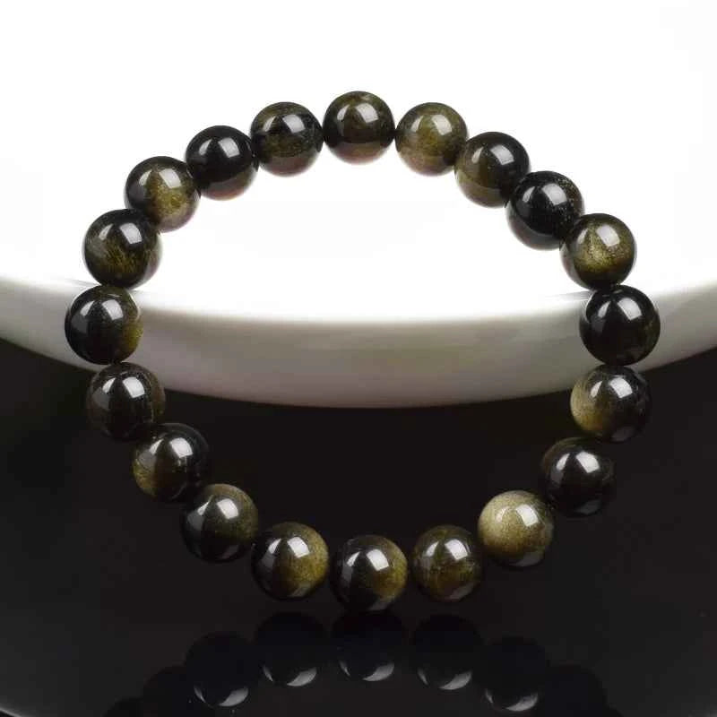 Natural Golden Obsidian Bracelet for Men and Women - Raw Stone Round Bead Energy Jewelry