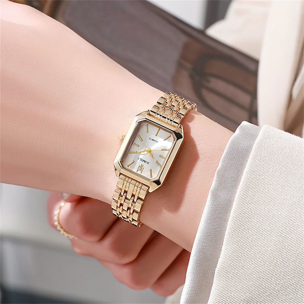Luxury Ladies Quartz Watch - Simple Scale Square Gold Plated Business Stainless Steel Folding Clock