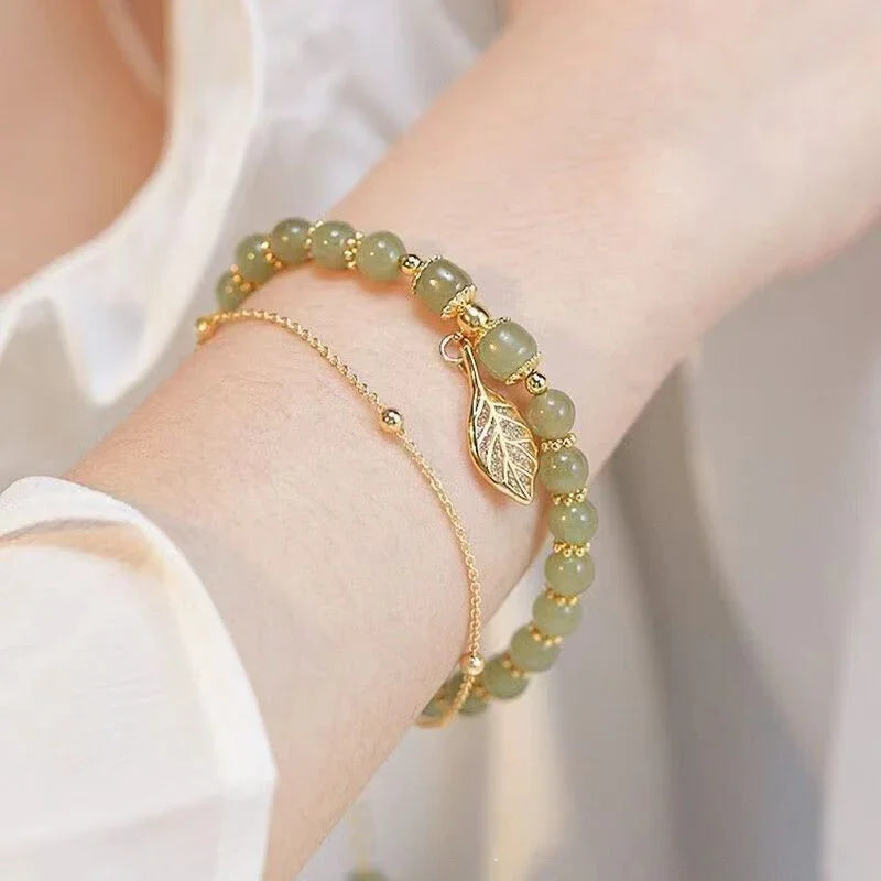2026 Chinese Green Jade Bracelet for Women with Exquisite Gold Color Leaves – Double Chain Bangle Wrist Strap Gift for Girls